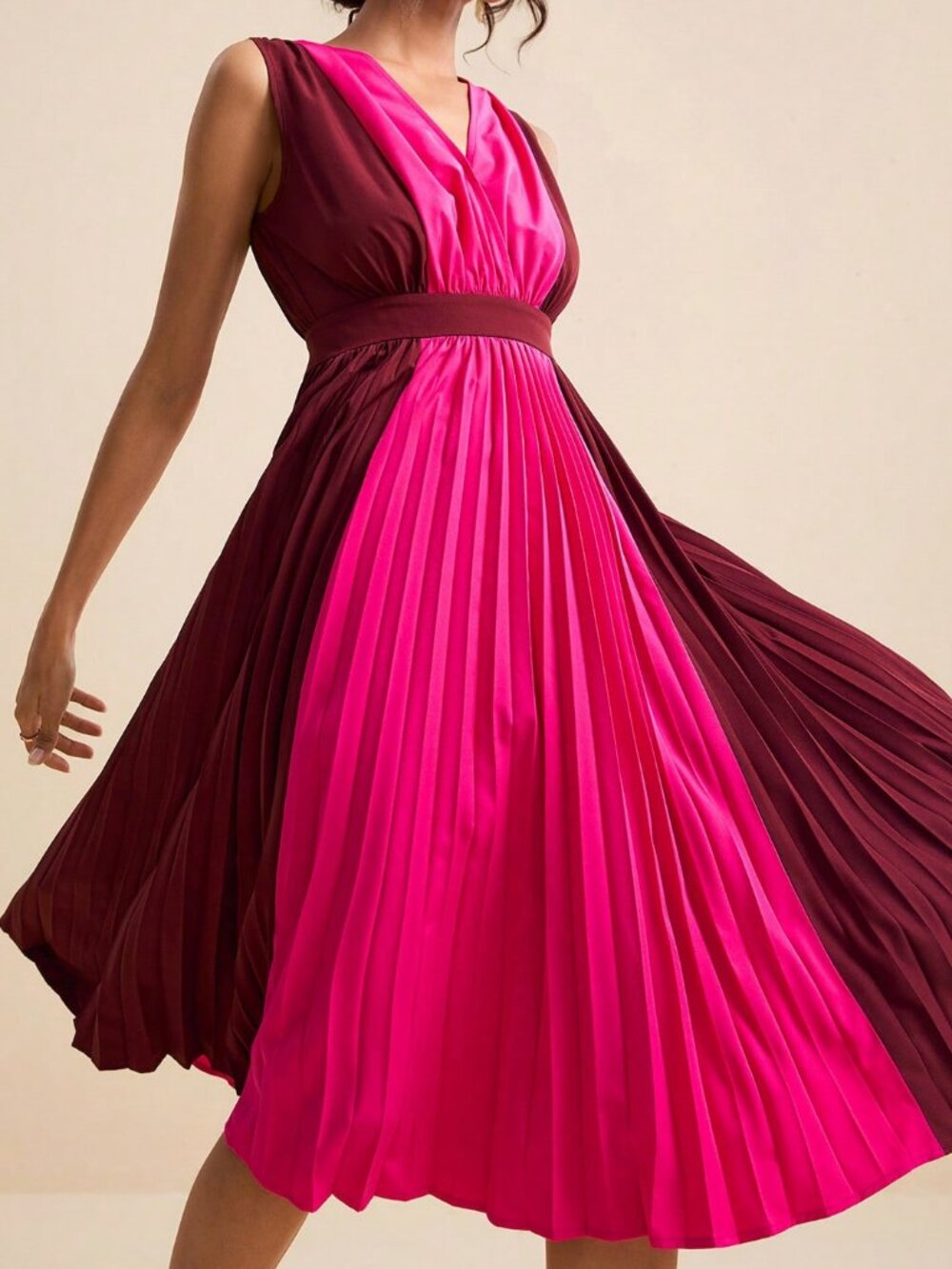 Multicolor Elegant Women's V-Neck Pleated Colorblock Midi Dress